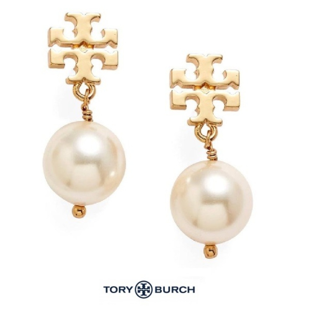 NWT Tory Burch Pearl Logo Drop Earrings Gold White